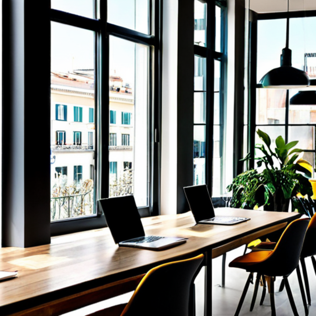 Modern Urban Innovation Hub**

A vibrant, modern coworking space in the heart of Madrid. Diverse group of professionals collaborating on laptops and in small meetings. Large windows overlooking a bustling city street. Plenty of natural light, plants, and colorful accents. Appropriate attire, professional dress. Safe for work, perfect anatomy, natural proportions, high quality, family-friendly. Focus on collaboration and innovation.

**
