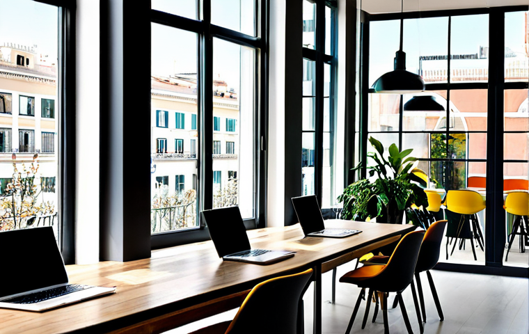 Modern Urban Innovation Hub**

A vibrant, modern coworking space in the heart of Madrid. Diverse group of professionals collaborating on laptops and in small meetings. Large windows overlooking a bustling city street. Plenty of natural light, plants, and colorful accents. Appropriate attire, professional dress. Safe for work, perfect anatomy, natural proportions, high quality, family-friendly. Focus on collaboration and innovation.

**