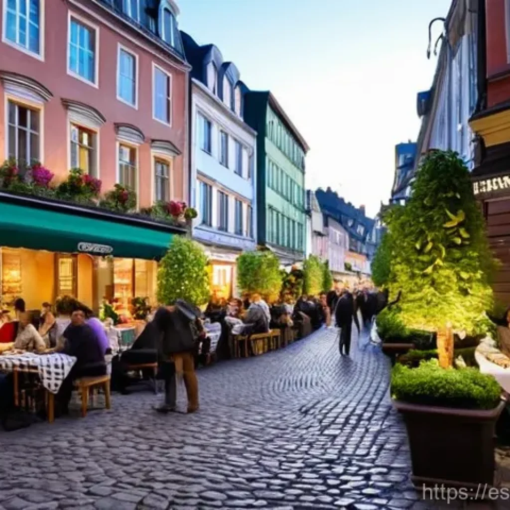 워커블 시티에서의 공간 재구성 전략 - **Prompt:** A bustling, car-free urban street scene in a charming, European-inspired city at sunset....