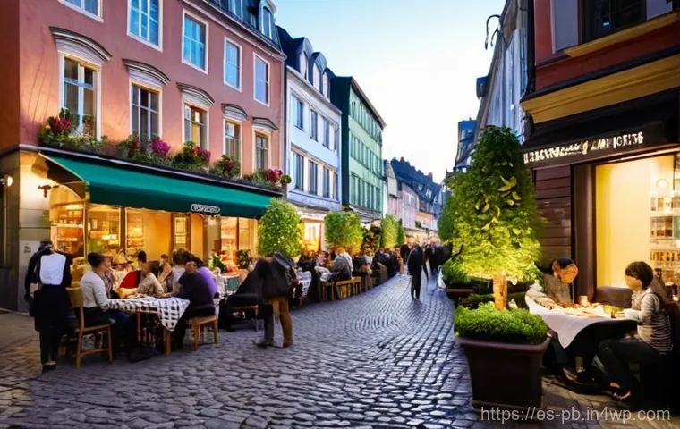 워커블 시티에서의 공간 재구성 전략 - **Prompt:** A bustling, car-free urban street scene in a charming, European-inspired city at sunset....