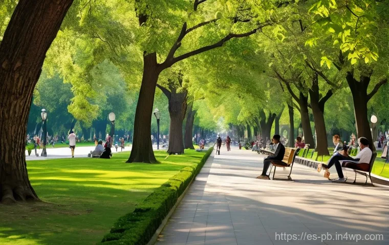 도시 내 녹지 공간의 중요성과 디자인 - **Urban Serenity in a Lush Park:** A diverse group of people, dressed in comfortable, modest casual ...