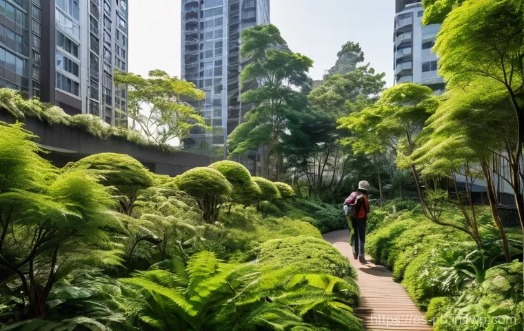 도시 내 녹지 공간의 중요성과 디자인 - **Modern Architecture Embraced by Greenery:** A striking, contemporary building facade in a vibrant ...