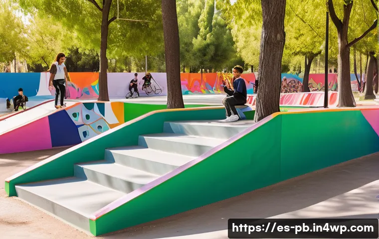 워커블 시티 디자인의 청소년 참여 전략 - A vibrant urban park in a Spanish city with diverse teenagers engaging in creative activities: some ...