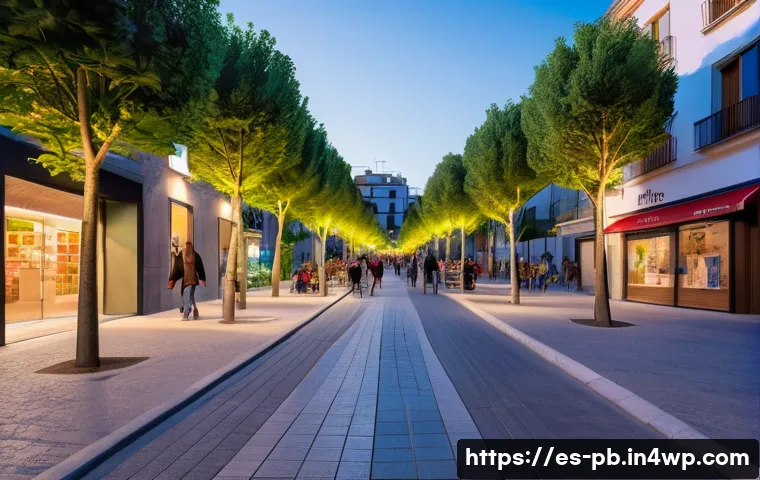 워커블 시티 디자인에 있어 주민의견의 중요성 - A vibrant urban neighborhood in Spain at dusk, featuring narrow streets with improved lighting and w...