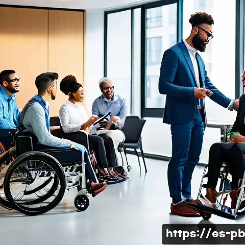 다양한 인구층을 위한 디자인 접근법 - A diverse group of people with disabilities interacting harmoniously in a modern office environment,...