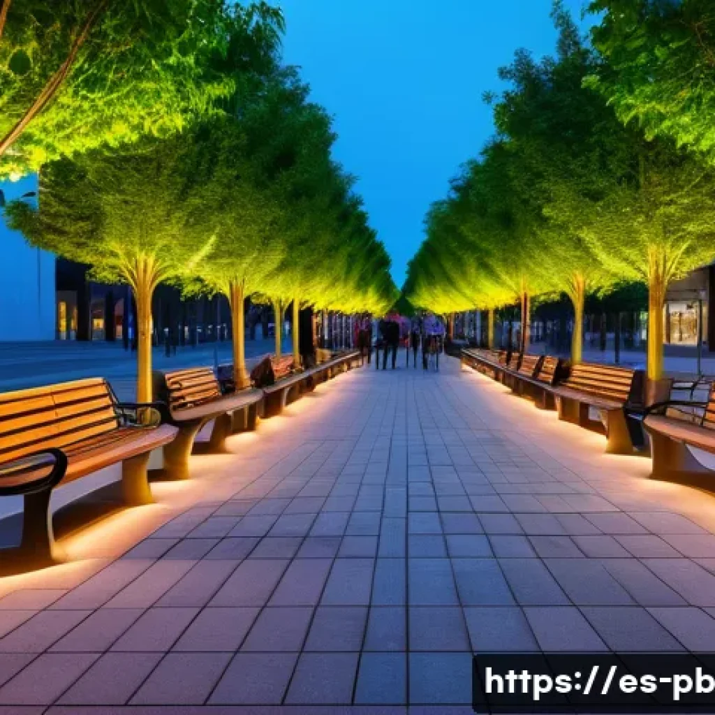 워커블 시티에서의 스마트 보행로 설계 - A modern urban smart walkway in a bustling Spanish city, featuring sleek LED dynamic lighting that a...