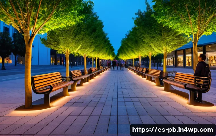 워커블 시티에서의 스마트 보행로 설계 - A modern urban smart walkway in a bustling Spanish city, featuring sleek LED dynamic lighting that a...