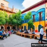Home 21 워커블 시티의 공공 미술 프로젝트 사례 - A vibrant urban pedestrian plaza in a Spanish city during daytime, featuring large colorful murals o...