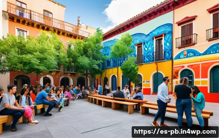 워커블 시티의 공공 미술 프로젝트 사례 - A vibrant urban pedestrian plaza in a Spanish city during daytime, featuring large colorful murals o...