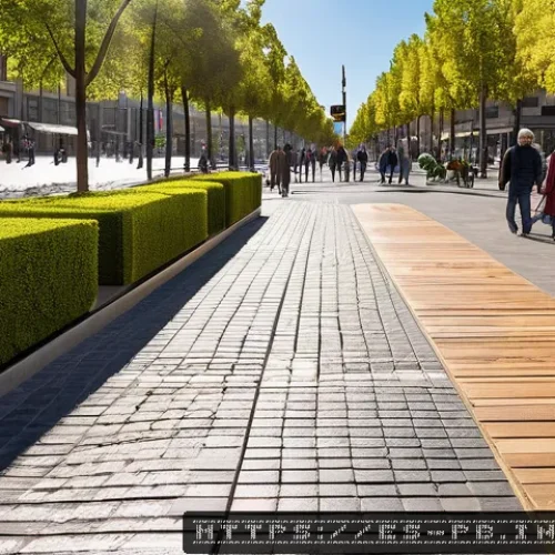 Home 32 워커블 시티 디자인의 단기 및 장기 목표 - A vibrant urban street scene in a Spanish city during daylight, featuring wide, well-paved sidewalks...