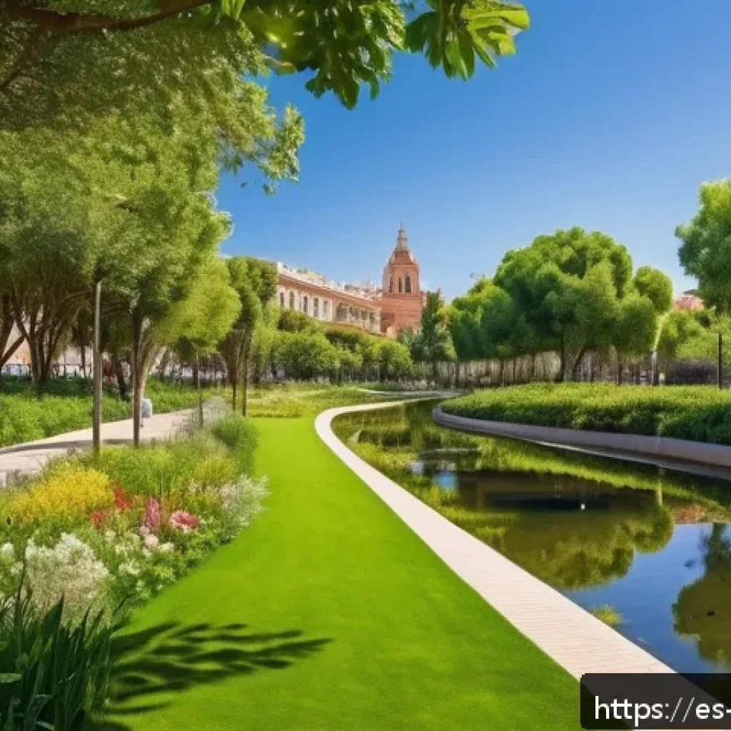 워커블 시티의 생태계 보존 방안 - A vibrant urban green corridor in a Spanish city, connecting fragmented parks and gardens with nativ...