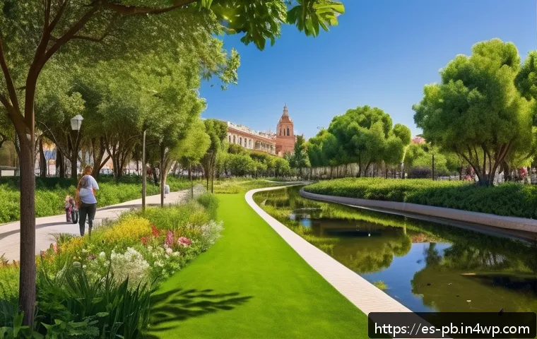 워커블 시티의 생태계 보존 방안 - A vibrant urban green corridor in a Spanish city, connecting fragmented parks and gardens with nativ...