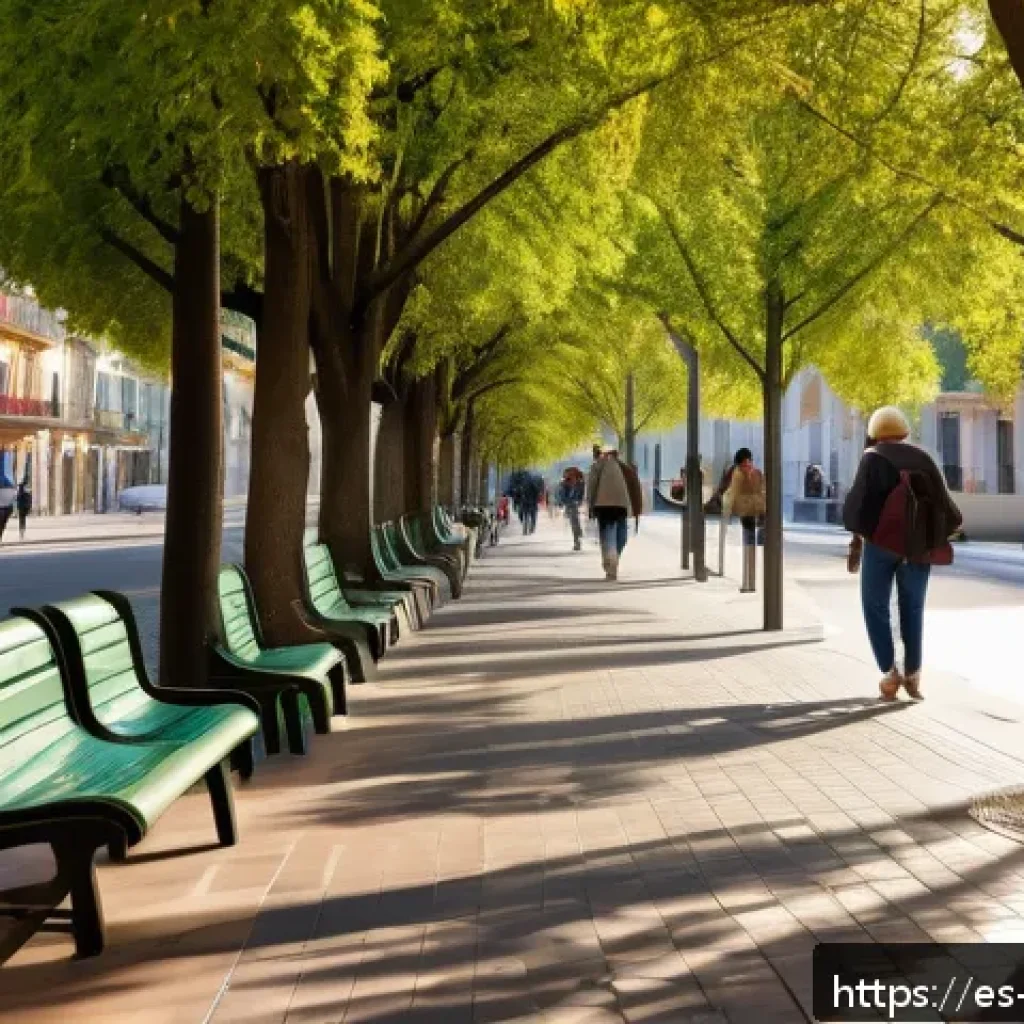 워커블 시티를 위한 스마트 기술 활용 방안 - A vibrant urban street scene in a Spanish city, showcasing wide, accessible sidewalks lined with lus...