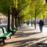 Home 18 워커블 시티를 위한 스마트 기술 활용 방안 - A vibrant urban street scene in a Spanish city, showcasing wide, accessible sidewalks lined with lus...