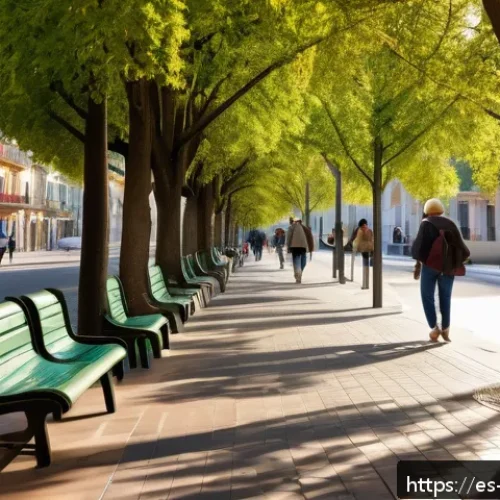 Home 30 워커블 시티를 위한 스마트 기술 활용 방안 - A vibrant urban street scene in a Spanish city, showcasing wide, accessible sidewalks lined with lus...
