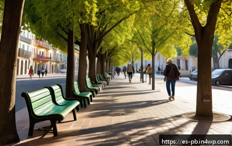 워커블 시티를 위한 스마트 기술 활용 방안 - A vibrant urban street scene in a Spanish city, showcasing wide, accessible sidewalks lined with lus...