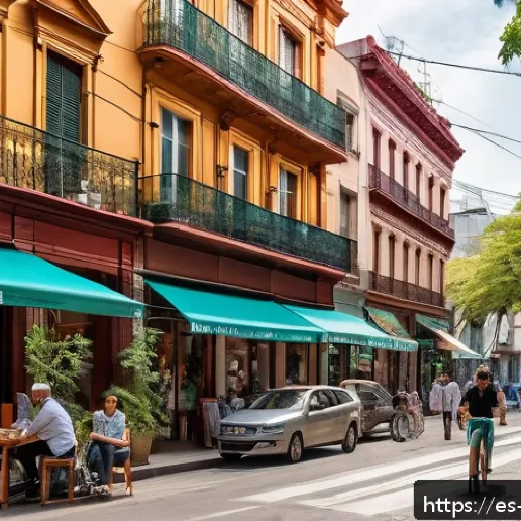 워커블 시티와 지역 상권의 발전 - A vibrant pedestrian street in Buenos Aires during a sunny afternoon, featuring wide sidewalks lined...