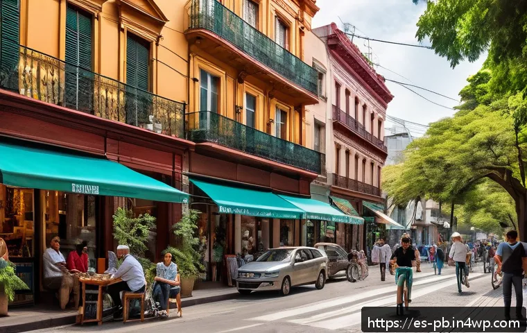 워커블 시티와 지역 상권의 발전 - A vibrant pedestrian street in Buenos Aires during a sunny afternoon, featuring wide sidewalks lined...