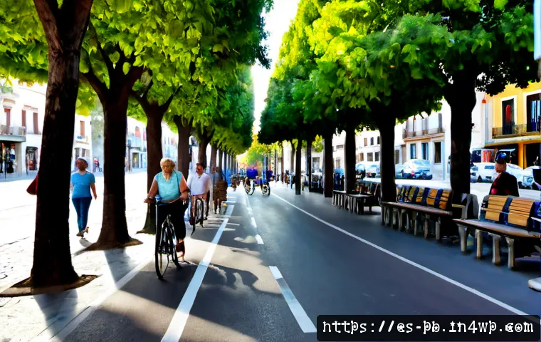 Home 17 워커블 시티와 주민 만족도 조사 - Photorealistic wide-angle street scene in a vibrant, walkable Spanish city neighborhood, older adult...