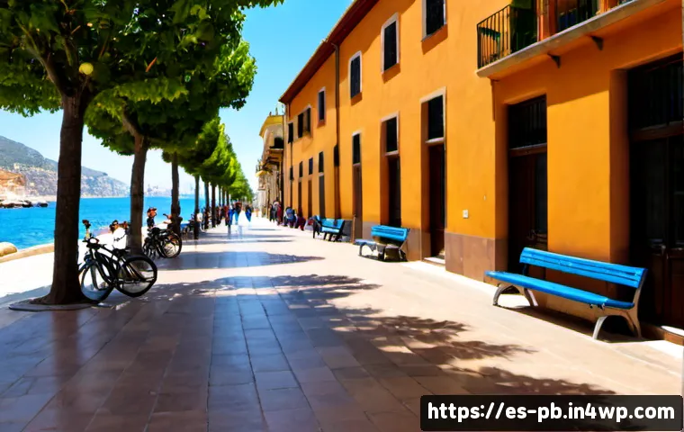 워커블 시티 디자인에서의 색깔 심리학 - Photorealistic pedestrian-friendly street in a sunny Spanish coastal city, warm terracotta building ...