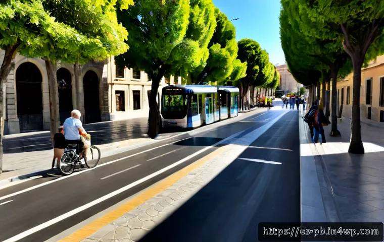 Home 17 워커블 시티의 대중교통 통합 전략 - Photorealistic wide-angle street scene in a walkable Spanish city center, an older couple and a pare...