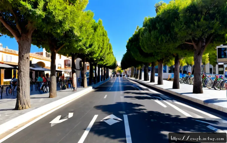 워커블 시티와 디지털 혁신의 접목 - Photorealistic wide-angle morning scene in a walkable Spanish city neighborhood, tree-lined pedestri...